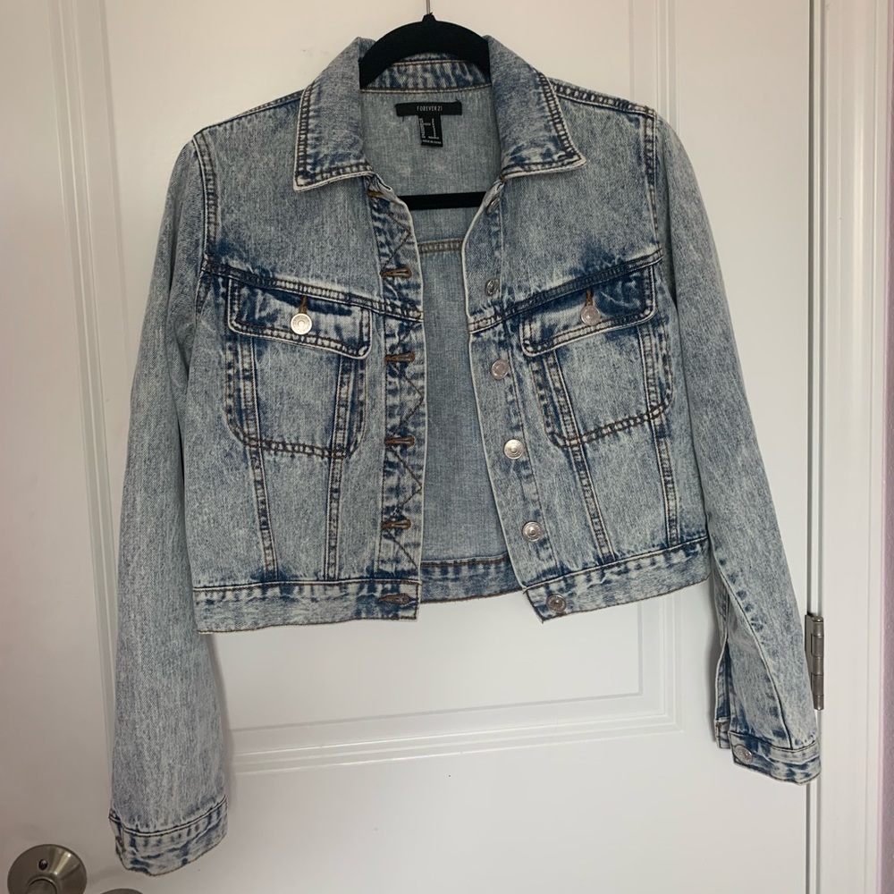 Forever 21 Cropped Jean Jacket Blue Acid Wash